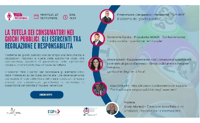 Giochi, Fipe Confcommercio: martedì 27 settembre alle 15.30 il webinar su "La tutela dei consumatori nei giochi pubblici. Gli esercenti tra regolazione e responsabilità"