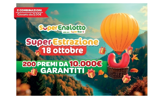 SuperEnalotto al via la nuova iniziativa SuperEstrazione: 200 premi da 10 mila euro ciascuno garantiti il 18 ottobre 2025